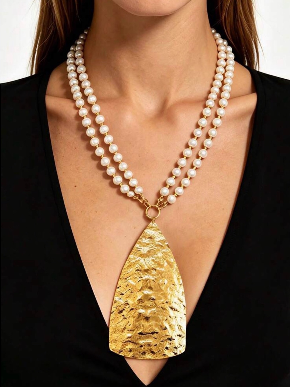 Double-Strand Pearl Necklace with Hammered Gold-Tone Pendant
